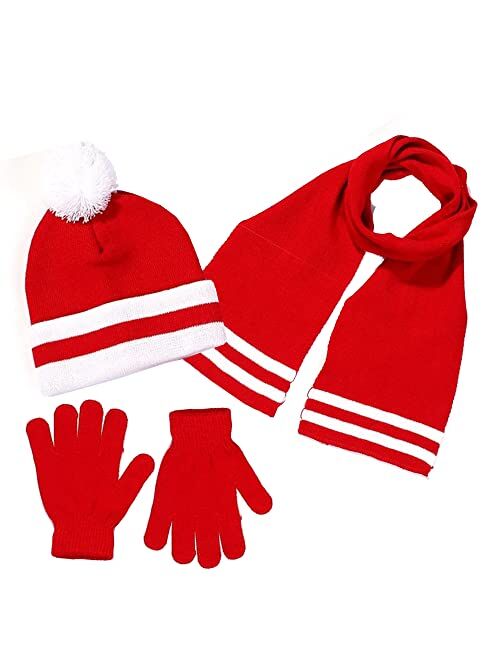 S.W.A.K Kids Girls Knit Pompom Beanie Hat Scarf and Gloves Set One Size Fits Most (See More Colors)