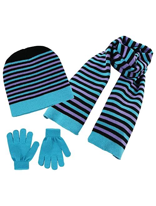 S.W.A.K Kids Girls Knit Pompom Beanie Hat Scarf and Gloves Set One Size Fits Most (See More Colors)