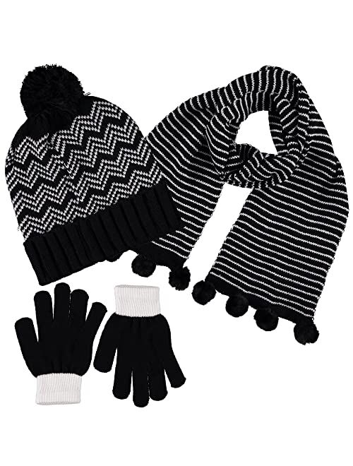 S.W.A.K Kids Girls Knit Pompom Beanie Hat Scarf and Gloves Set One Size Fits Most (See More Colors)