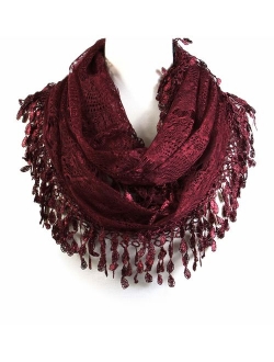 Scarfand's Feminine Lace Infinity Scarf with Teardrop Fringes