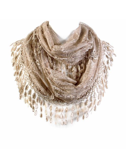 Scarfand's Feminine Lace Infinity Scarf with Teardrop Fringes