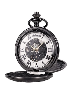 Pocket Watch Skeleton Mechanical Double Case Hand-Wind SIBOSUN Roman Numerals Antique Chain Mens