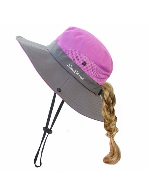 HGGE Kids Girls Sun Hat UV Protection Wide Brim Beach Cap with Ponytail Hole