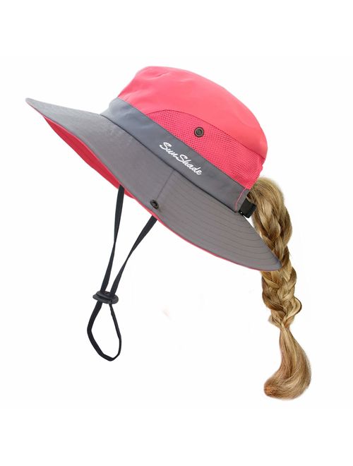 HGGE Kids Girls Sun Hat UV Protection Wide Brim Beach Cap with Ponytail Hole