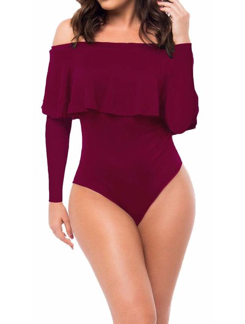 Dasbayla Women's Off Shoulder Ruffle Bodysuit Leotards Rompers Jumpsuits