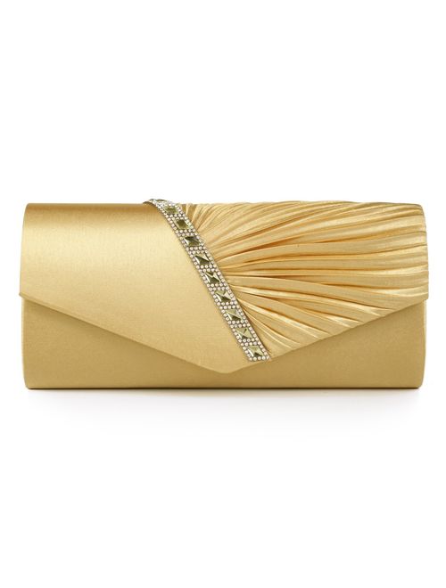 Damara Womens Pleated Crystal-Studded Satin Handbag Evening Clutch