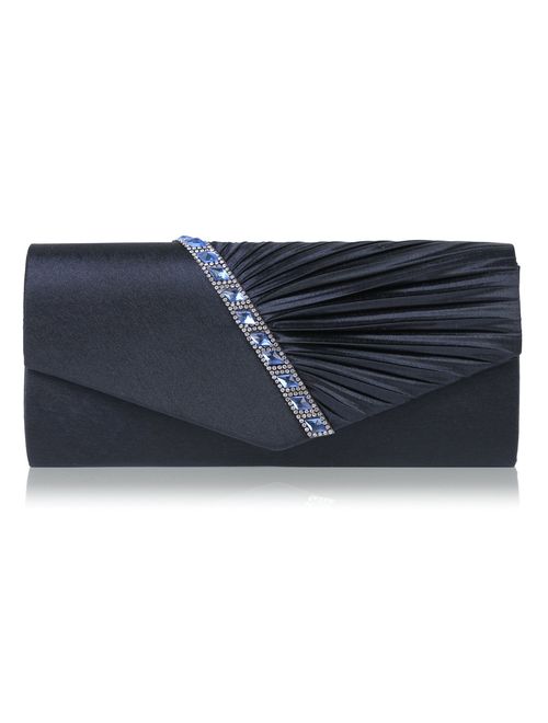 Damara Womens Pleated Crystal-Studded Satin Handbag Evening Clutch