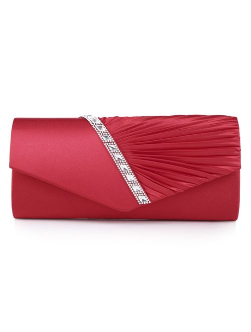 Damara Womens Pleated Crystal-Studded Satin Handbag Evening Clutch