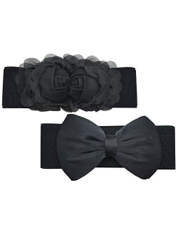 Meta-U Women Cute Bow/Flower Wide Elastic Waist Belt - Adorable Dress Accessory