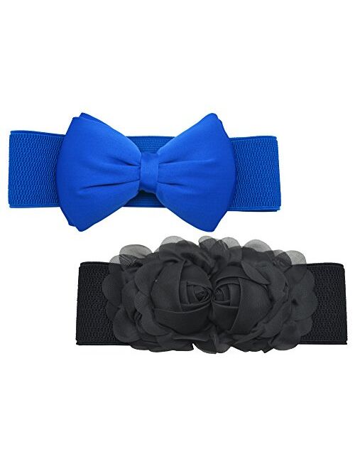 Meta-U Women Cute Bow/Flower Wide Elastic Waist Belt - Adorable Dress Accessory