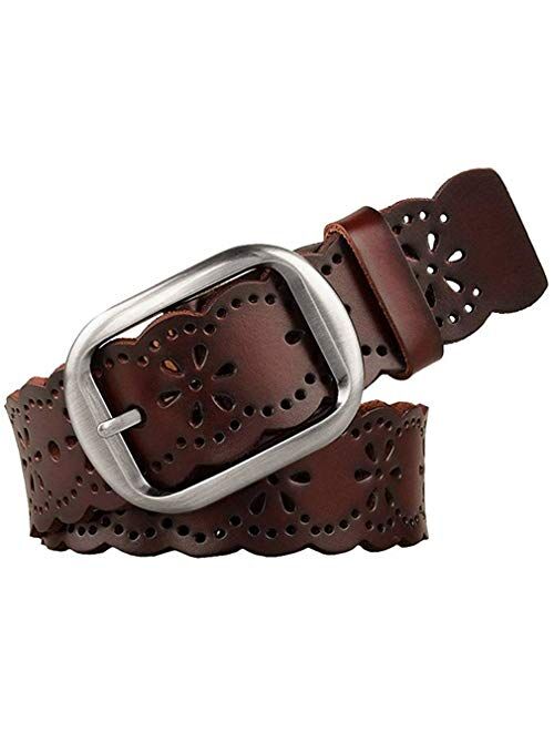 JASGOOD Women's Hollow Flower Genuine Cowhide Leather Belt With Alloy Buckle