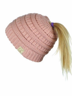 C.C BeanieTail Kids' Children's Soft Cable Knit Messy High Bun Ponytail Beanie Hat