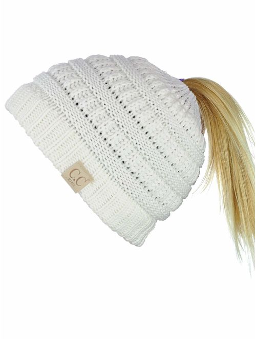 C.C BeanieTail Kids' Children's Soft Cable Knit Messy High Bun Ponytail Beanie Hat