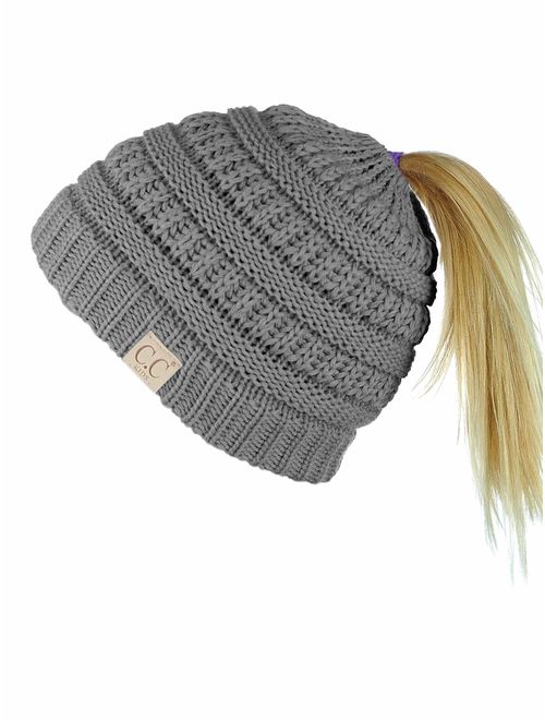 C.C BeanieTail Kids' Children's Soft Cable Knit Messy High Bun Ponytail Beanie Hat