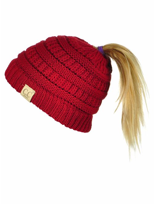 C.C BeanieTail Kids' Children's Soft Cable Knit Messy High Bun Ponytail Beanie Hat