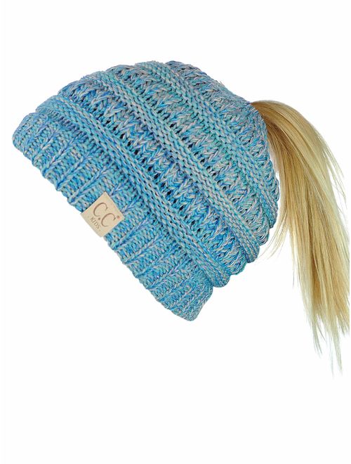 C.C BeanieTail Kids' Children's Soft Cable Knit Messy High Bun Ponytail Beanie Hat