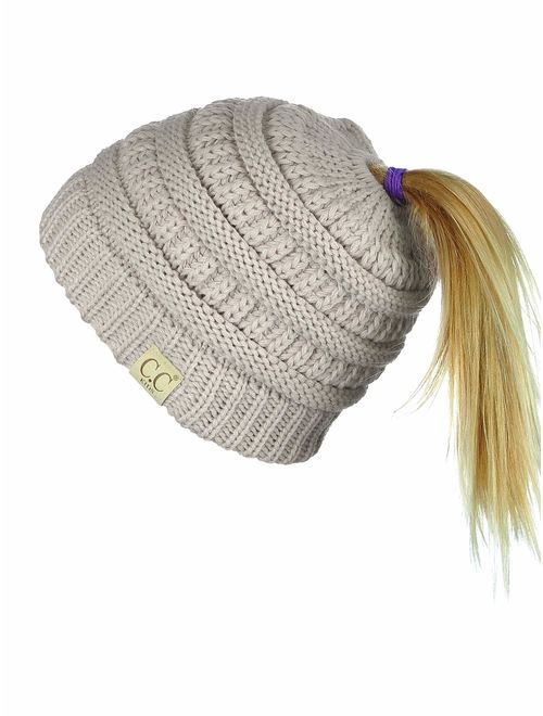 C.C BeanieTail Kids' Children's Soft Cable Knit Messy High Bun Ponytail Beanie Hat