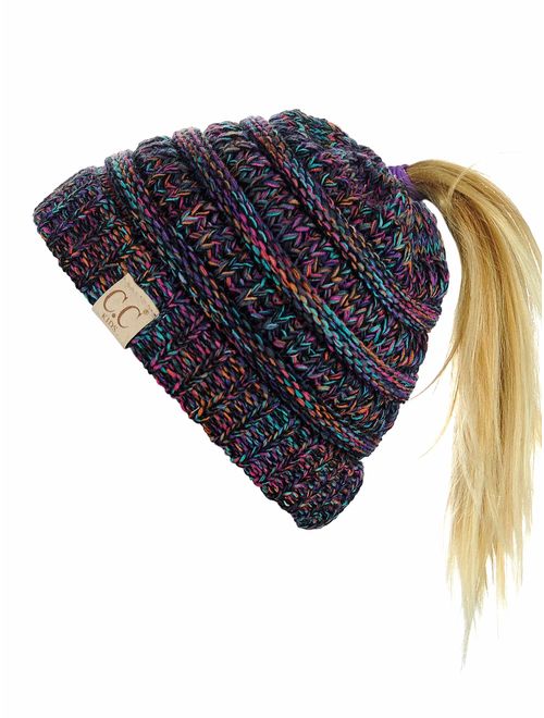 C.C BeanieTail Kids' Children's Soft Cable Knit Messy High Bun Ponytail Beanie Hat