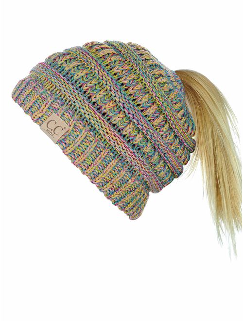 C.C BeanieTail Kids' Children's Soft Cable Knit Messy High Bun Ponytail Beanie Hat