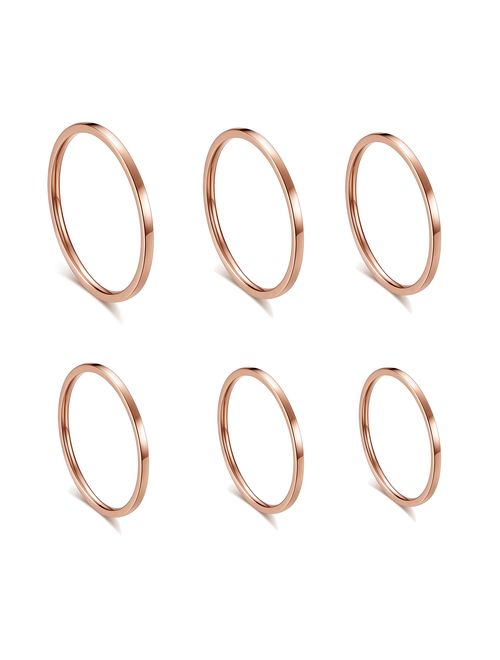 ALEXTINA Women's 6 Pieces Stainless Steel 1MM Thin Midi Stacking Rings Plain Band Comfort Fit Size 4 to 9