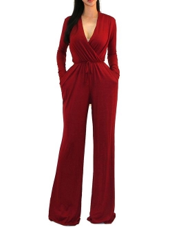 Vivicastle Women's USA Sexy Wrap Top Wide Leg Long Sleeve Cocktail Knit Jumpsuit