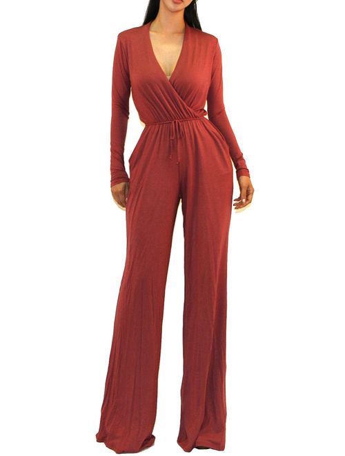 Vivicastle Women's USA Sexy Wrap Top Wide Leg Long Sleeve Cocktail Knit Jumpsuit