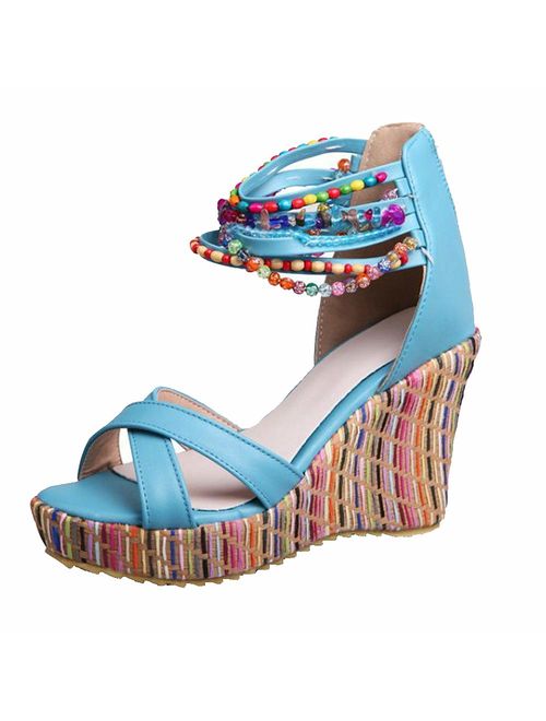 GETMOREBEAUTY Women's Wedge Sandals with Pearls Across 