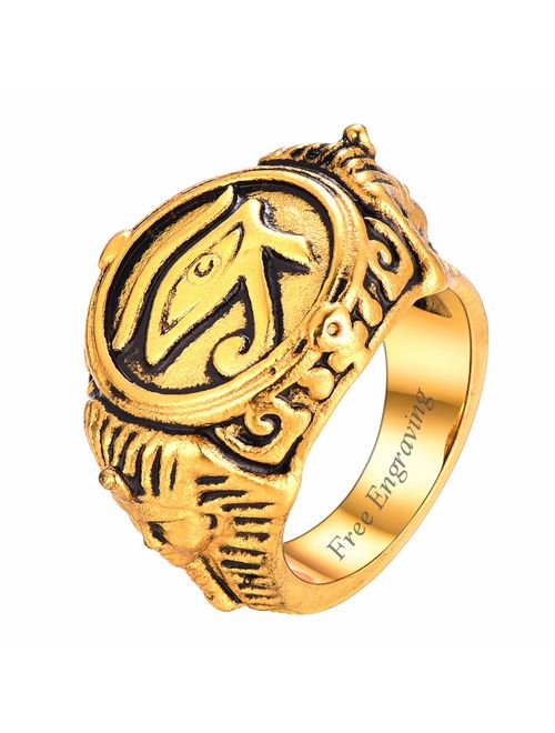 U7 Men Women's Stainless Steel 18K Gold Plated Vintage Egyptian Jewelry Eye of Horus Band Ring/Cross Ankh Ring, Size 7 to 12 -with Custom Engraving Service