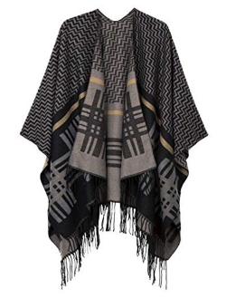 Women's Printed Tassel Open front Poncho Cape Cardigan Wrap Shawl