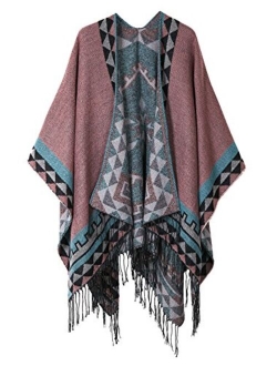 Women's Printed Tassel Open front Poncho Cape Cardigan Wrap Shawl