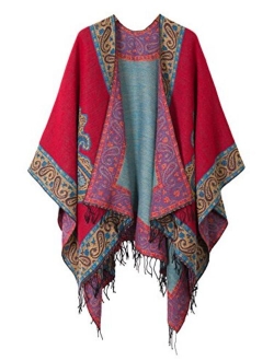 Women's Printed Tassel Open front Poncho Cape Cardigan Wrap Shawl