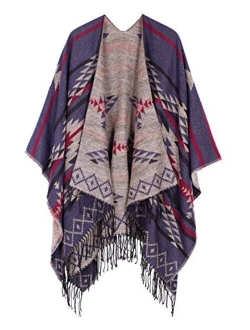 Women's Printed Tassel Open front Poncho Cape Cardigan Wrap Shawl