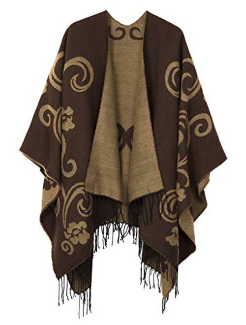 Urban CoCo Women's Printed Tassel Open front Poncho Cape Cardigan Wrap Shawl