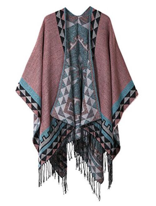 Urban CoCo Women's Printed Tassel Open front Poncho Cape Cardigan Wrap Shawl