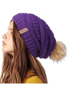 Womens Winter Knit Slouchy Beanie Hat Warm Skull Ski Cap Faux Fur Pom Pom Hats for Women