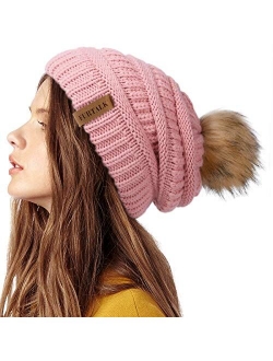 Womens Winter Knit Slouchy Beanie Hat Warm Skull Ski Cap Faux Fur Pom Pom Hats for Women