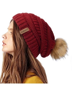 Womens Winter Knit Slouchy Beanie Hat Warm Skull Ski Cap Faux Fur Pom Pom Hats for Women