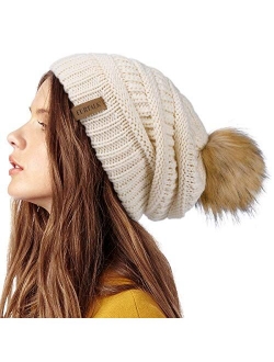 Womens Winter Knit Slouchy Beanie Hat Warm Skull Ski Cap Faux Fur Pom Pom Hats for Women