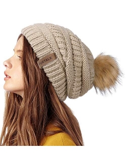 Womens Winter Knit Slouchy Beanie Hat Warm Skull Ski Cap Faux Fur Pom Pom Hats for Women