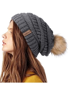 Womens Winter Knit Slouchy Beanie Hat Warm Skull Ski Cap Faux Fur Pom Pom Hats for Women