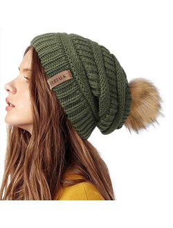 Womens Winter Knit Slouchy Beanie Hat Warm Skull Ski Cap Faux Fur Pom Pom Hats for Women