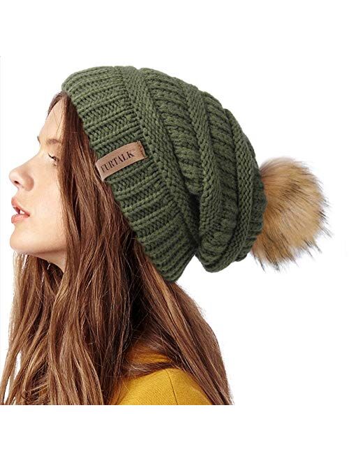 FURTALK Womens Winter Knit Slouchy Beanie Hat Warm Skull Ski Cap Faux Fur Pom Pom Hats for Women