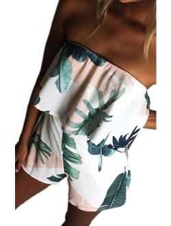 ECOWISH Women Off Shoulder Romper Strapless Floral Print Striped Beach Shorts Jumpsuit