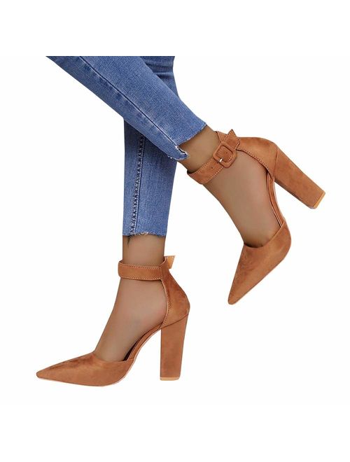 FISACE Women's Low Mid Square Heel Ankle Strap Sandal Office Ladies Pointed Toe Pumps Shoe