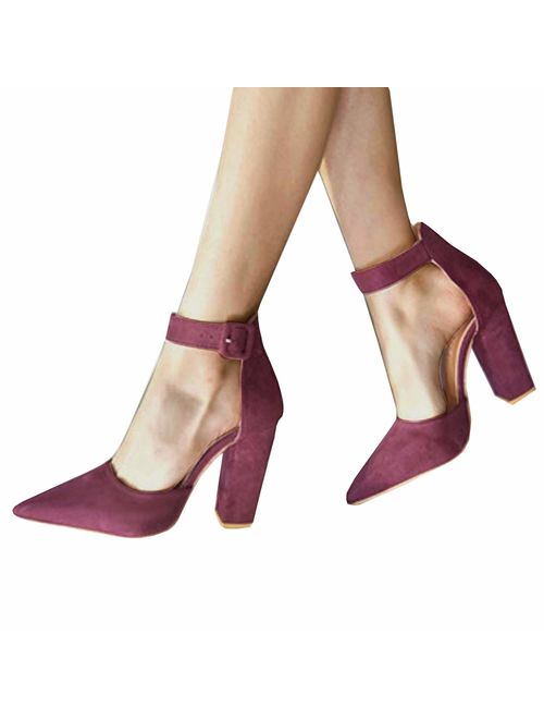 FISACE Women's Low Mid Square Heel Ankle Strap Sandal Office Ladies Pointed Toe Pumps Shoe