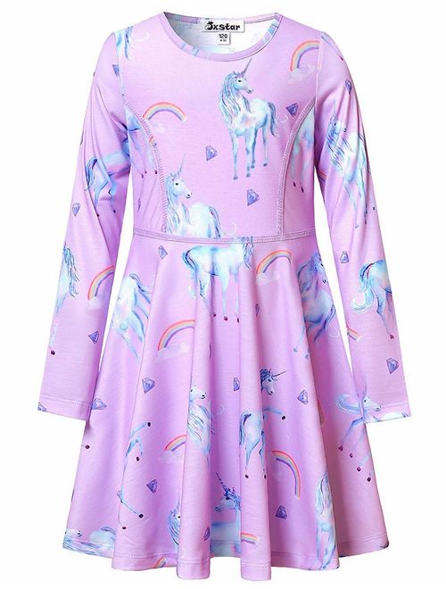 Jxstar Girls Long Sleeve Dresses Kids Unicorn Clothes Cotton Outfits 3-13 Years