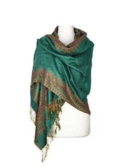 Paskmlna Border Pattern Double Layered Reversible Woven Pashmina Shawl Scarf Wrap Stole