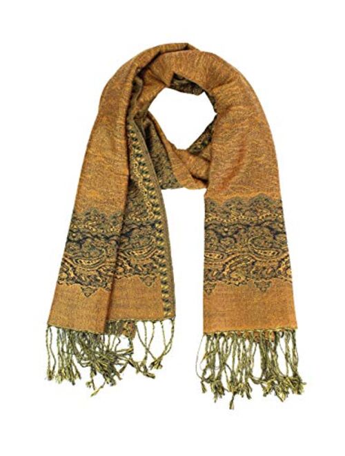 Paskmlna Border Pattern Double Layered Reversible Woven Pashmina Shawl Scarf Wrap Stole