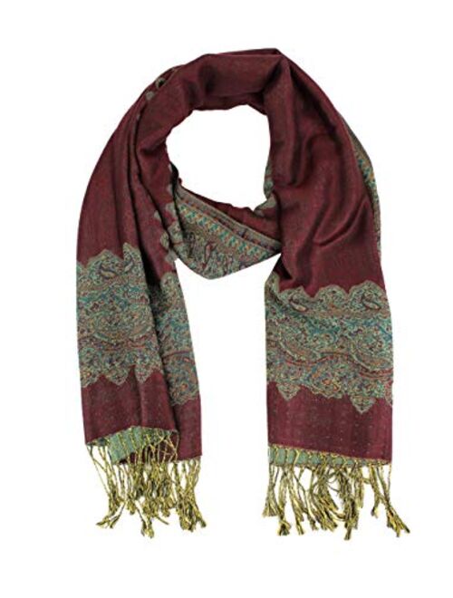 Paskmlna Border Pattern Double Layered Reversible Woven Pashmina Shawl Scarf Wrap Stole