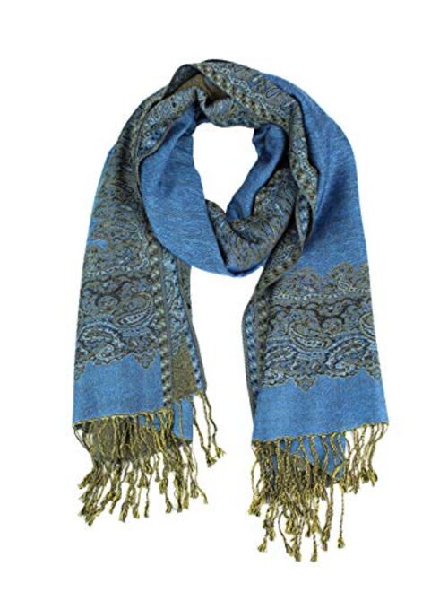 Paskmlna Border Pattern Double Layered Reversible Woven Pashmina Shawl Scarf Wrap Stole